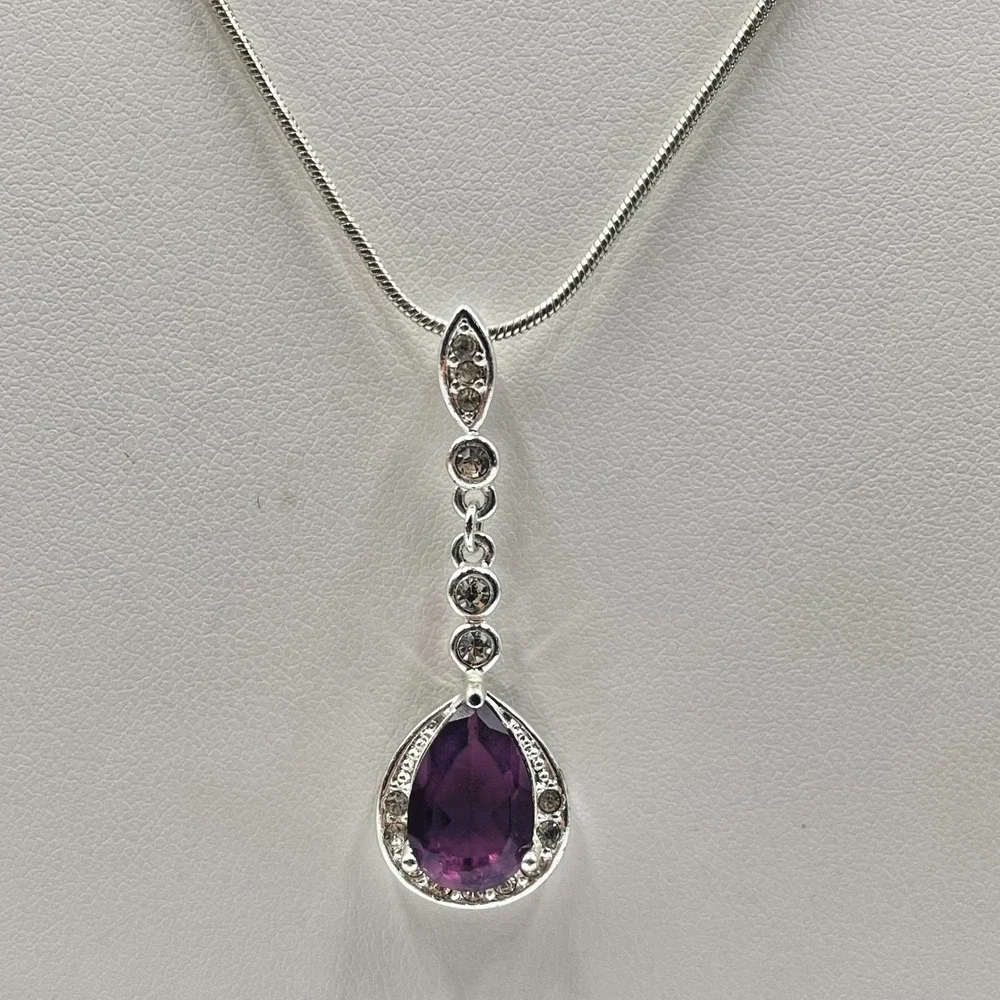 Vintage RMN Purple Pear Cut Glass Pendant Silver Tone Snake Chain Necklace
